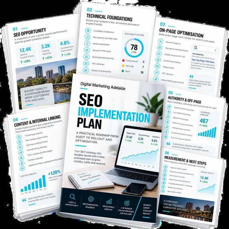 SEO Implementation Plan document bundle showing digital marketing strategy pages with analytics charts and technical foundations checklist