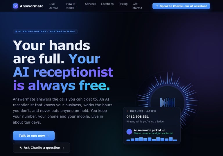 Answermate website hero section promoting AI receptionist service with headline Your hands are full. Your AI receptionist is always free.