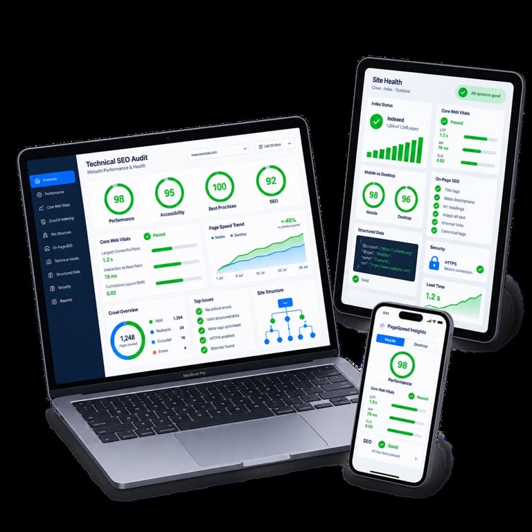 Dashboard analytics displayed across laptop, tablet, and smartphone showing SEO audit and site health metrics with green indicators and charts