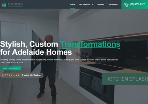 Website header for Champagne Kitchens showing modern kitchen renovation with text Stylish, Custom Transformations for Adelaide Homes