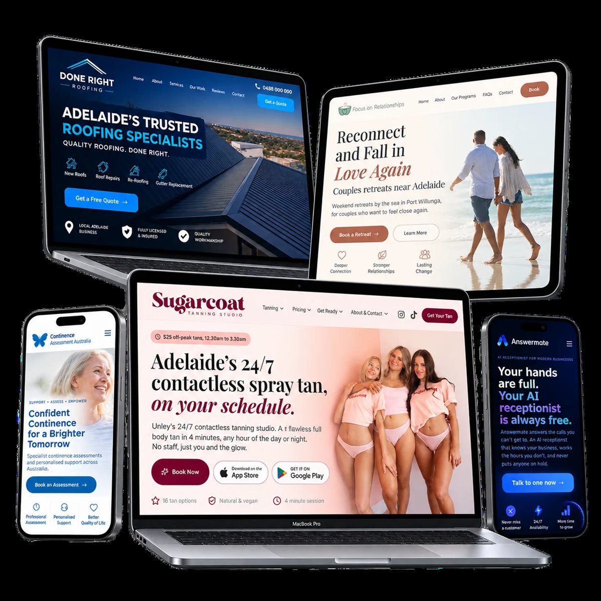 Collection of responsive website designs displayed on various devices including smartphones, tablet, and laptop screens showing different business websites and services