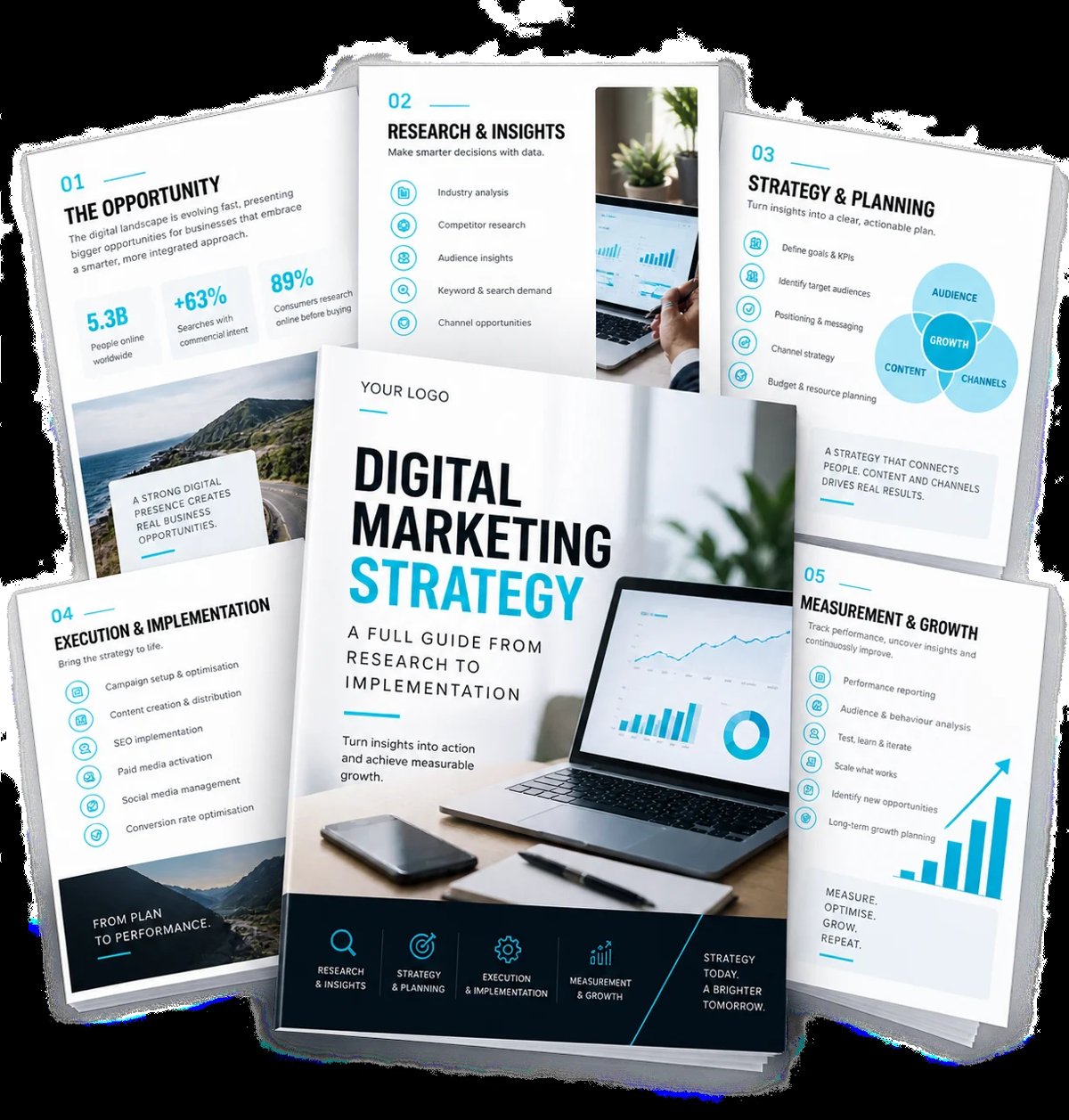 Digital marketing strategy guide pages fanned out showing sections on research, strategy planning, execution, and measurement with charts and graphs