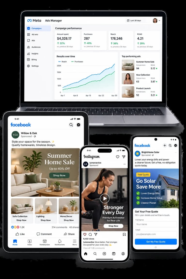 Meta Ads Manager dashboard displayed on laptop with Facebook mobile ads shown on two smartphones, demonstrating campaign performance metrics and ad examples