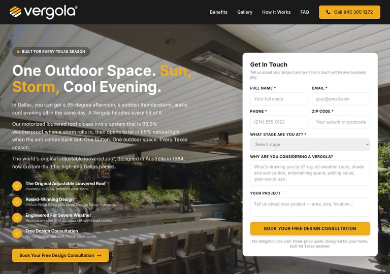 Pergola outdoor patio space with dining table under covered roof structure at dusk, marketing website header with contact form