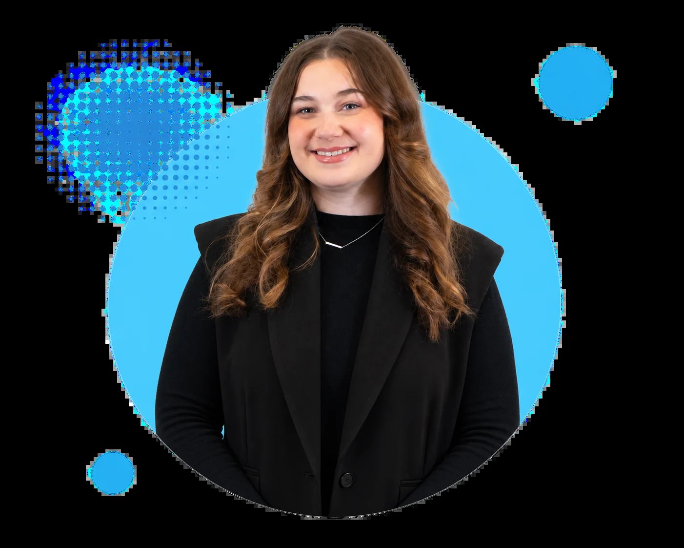 Smiling Digital Marketing Adelaide team member with long wavy brown hair wearing a black blazer