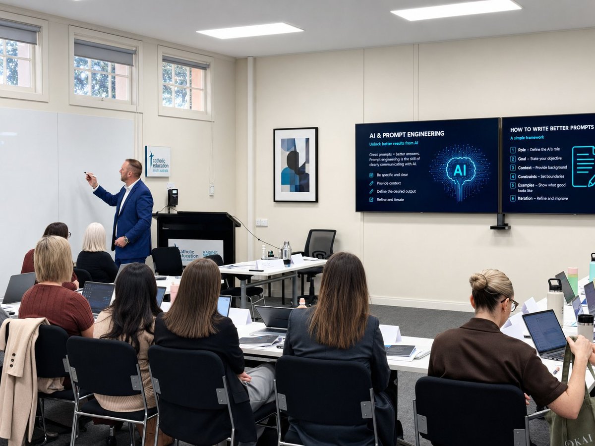 AI training courses in Adelaide: A professional man in a blue suit presenting to a classroom of students seated at desks with laptops, with AI-related content displayed on a wall screen.