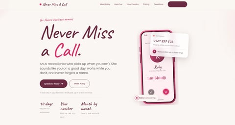 Website mockup for Never Miss a Call app showing smartphone interface with call tracking feature and key benefits listed below
