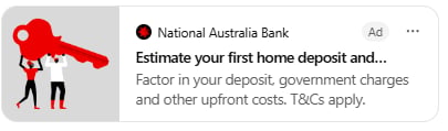 National Australia Bank ad for first home deposit estimates with illustration of couple holding large red house key
