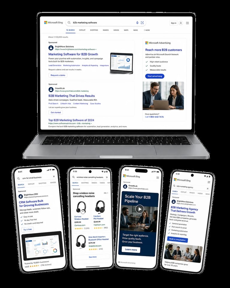 Laptop and four mobile phones displaying Microsoft Bing B2B marketing software search results and content pages
