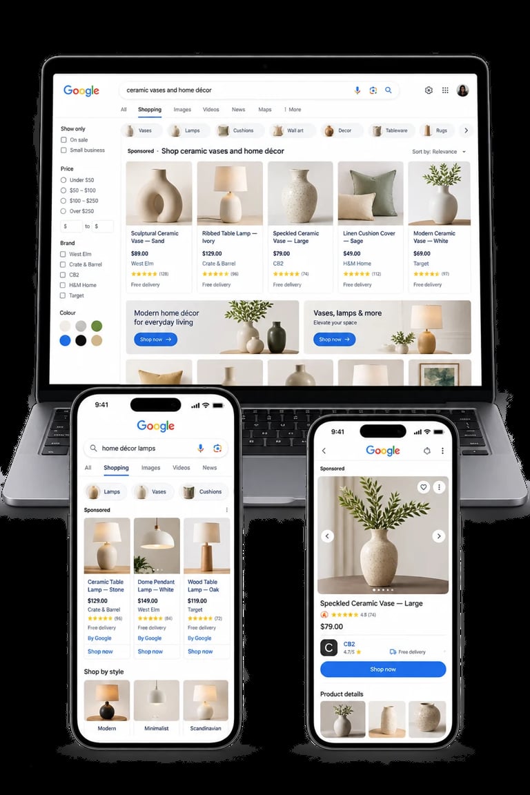 Google Shopping search results for ceramic vases and home decor displayed across laptop, tablet, and smartphone screens