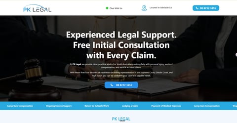 PK Legal website homepage showing legal support services with gavel and desk, offering free initial consultation