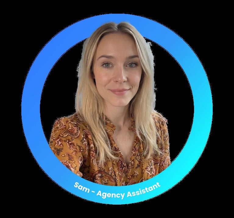 Headshot of Som, an Agency Assistant, wearing a patterned brown top with blonde hair against a blue circular background