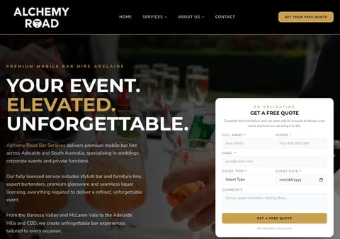 Premium mobile bar hire service website for Alchemy Road with event booking form and cocktail bar imagery